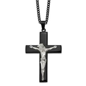 Chisel Stainless Steel Black IP-plated Crucifix Charm w 24" Curb Chain Necklace